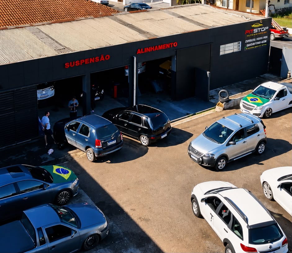 Vista de cima da Pit Stop Auto Center com carros no pátio